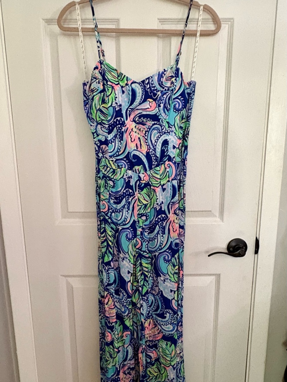 Lilly Pulitzer colorful Blue & Pink tropical Print midi Jumpsuit Sz 4